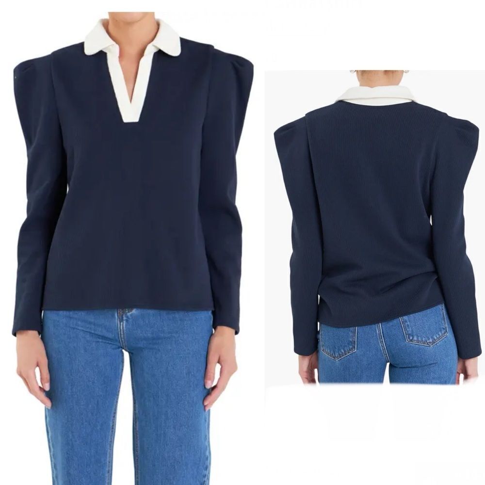 ENGLISH FACTORY Navy Blue and White Polo Sweater-XS